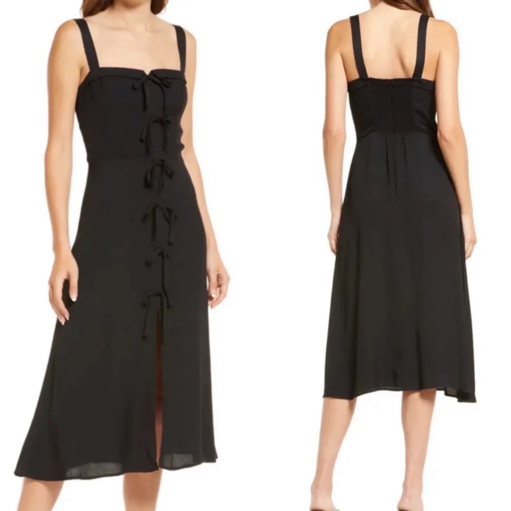 Reformation Black Eddie Tank Straps Midi Crepe Bows Dress Women's Size 10